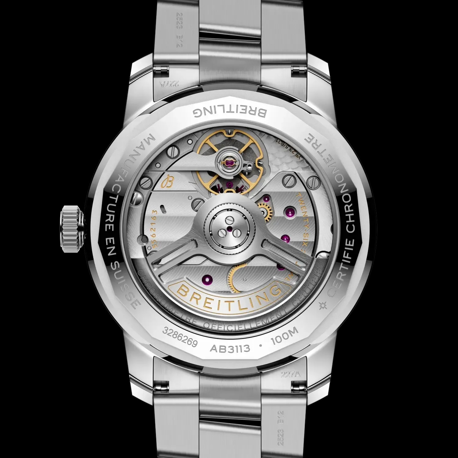 Blick durch den Glasboden auf das Werk der BREITLING Top Time B31, AB3113281A1A1