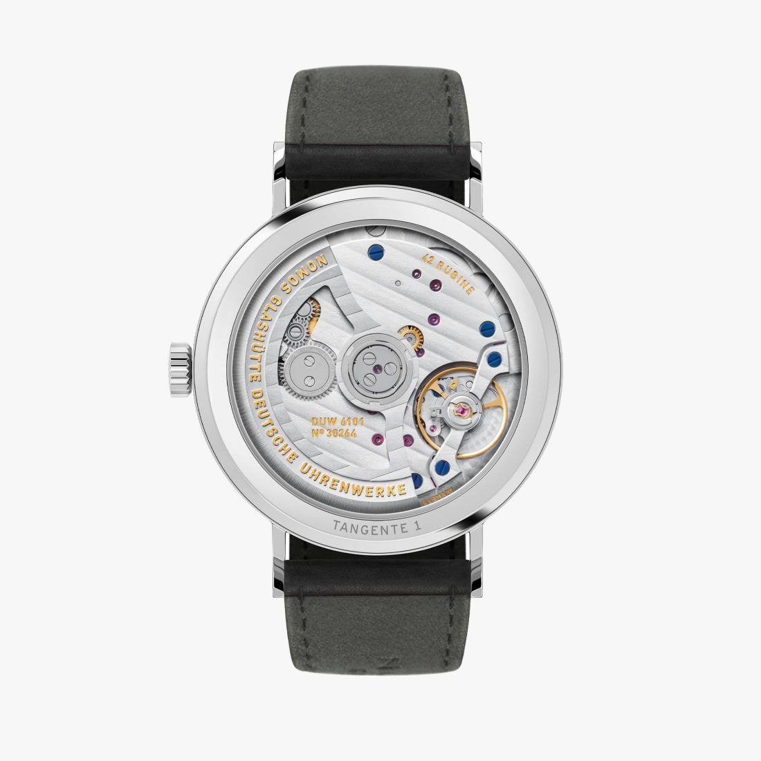 Blick durch den Glasboden auf das Uhrwerk der NOMOS Tangente neomatik 38 Update, 147