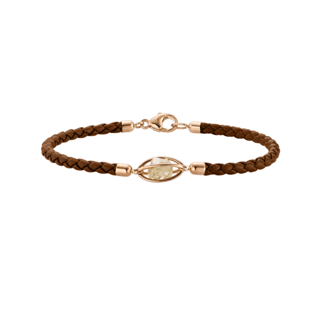 Armband aus braunem Flechtleder mit Roségold-Verschluss und Diamant im Navette-Schliff