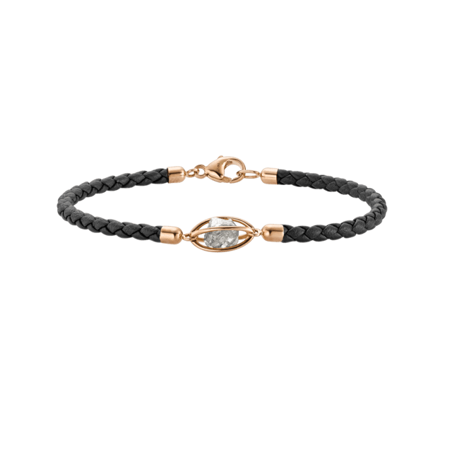 Armband aus schwarzem Flechtleder mit Roségold-Verschluss und Diamant im Navette-Schliff