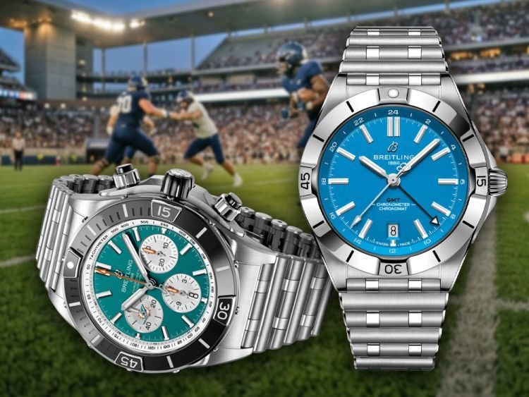 Zwei Breitling Chronomat NFL Team Editions vor einem Football-Spiel im Stadion