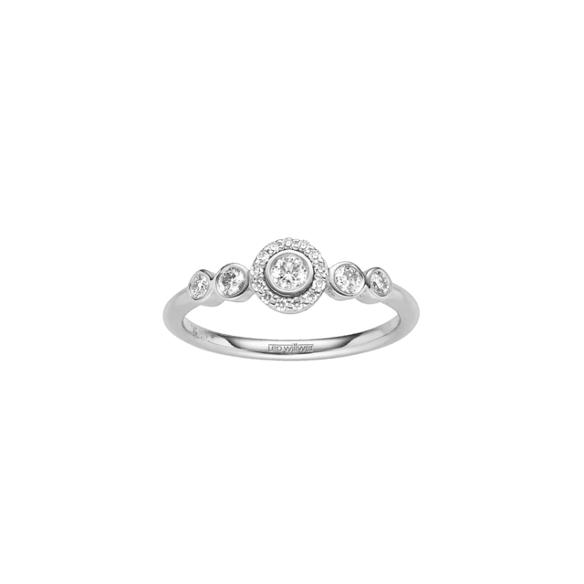 Weißgoldring mit Diamant im Halo und vier gefassten Seitensteinen