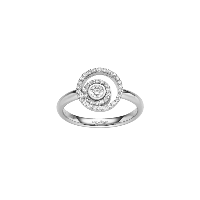 Weißgoldring mit spiralförmigem Diamantbesatz um einen Solitär