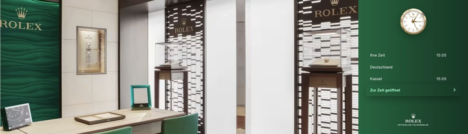 Rolex-Bereich bei Juwelier Hermann Schmidt in Kassel mit Vitrinen und Uhrzeit-Tafel – zur Zeit geöffnet