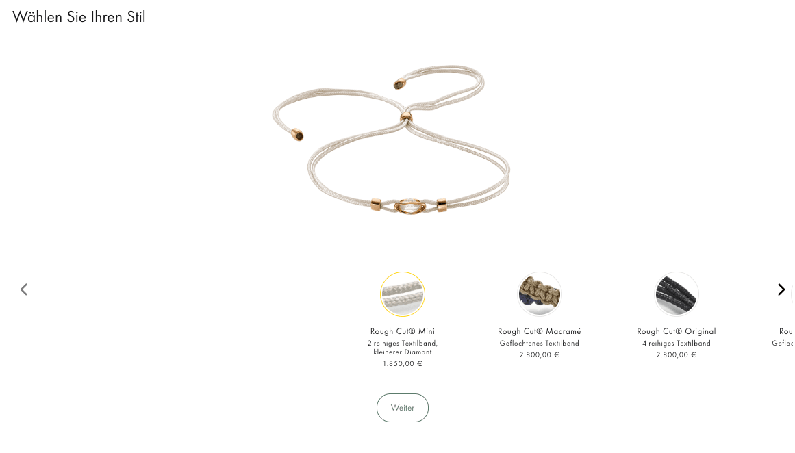 Rough-Cut-Konfigurator: Auswahl des Armbandstils – Rough Cut Mini, Macramé und Original mit Preisen