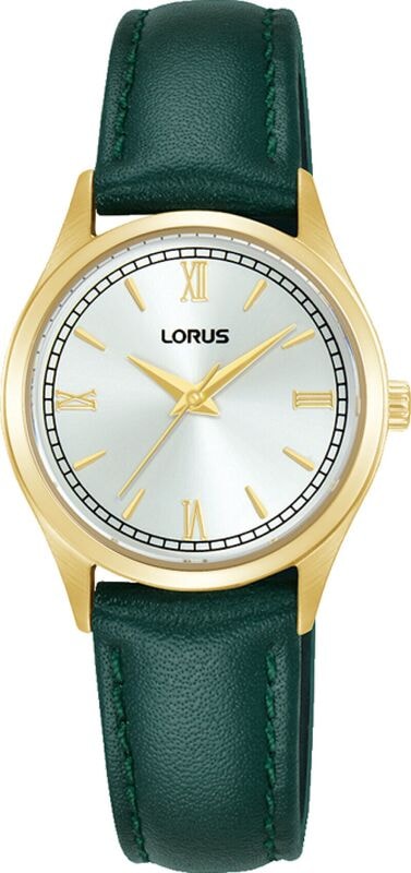 Goldfarbene Lorus Damenuhr mit silbernem Zifferblatt und grünem Lederband