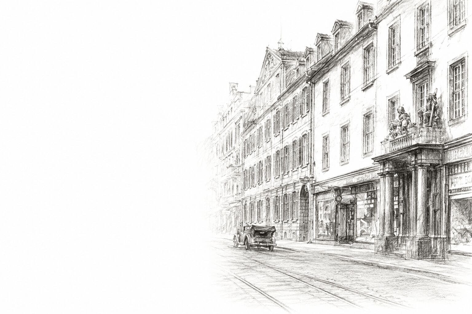 Kohlezeichnung der Oberen Königsstraße in Kassel mit dem Geschäftshaus von Juwelier Hermann Schmidt